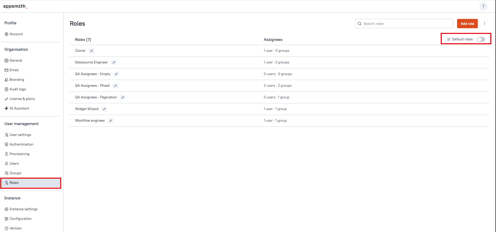 Toggle the Default roles options to view Default Roles
