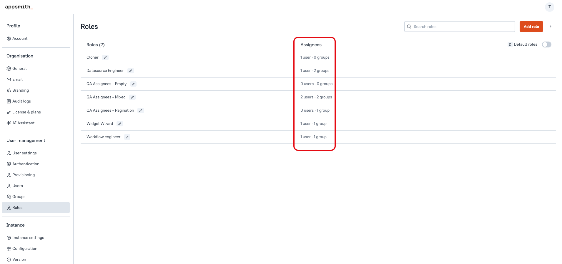 Assignees column on the Roles screen showing user and group counts